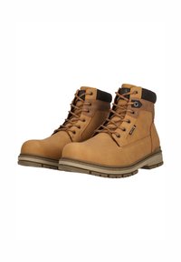 Bruna läderankelboots med robusta snören, vadderad krage och texturerade bruna detaljer. Tjock gummisula med greppmönster.