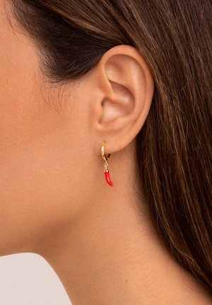 Goldene Creolen mit einem Charme in Form einer roten Chilischote. Der Charme hat eine glatte, glänzende Textur und eine lebendige Farbe, die kontrastreich zum Gold wirkt.