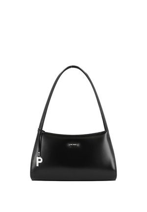 Black leather handbag with a curved silhouette, smooth texture, short strap, and a silver accent marked with the letter "P."