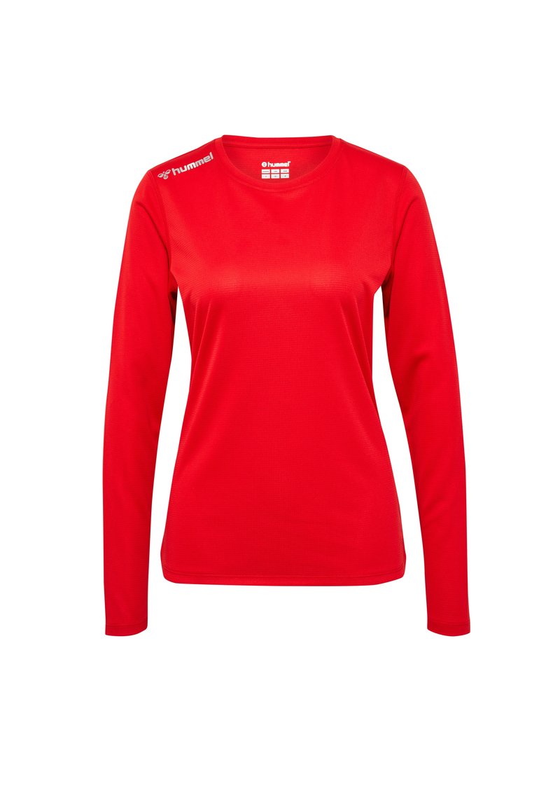 Rode sportshirt met lange mouwen van gladde stof, met een ronde halslijn en logodetail op de linkerschouder.