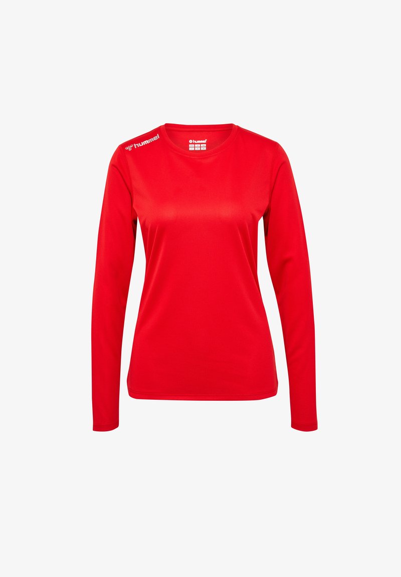 Rode sportshirt met lange mouwen van gladde stof, met een ronde halslijn en logodetail op de linkerschouder.