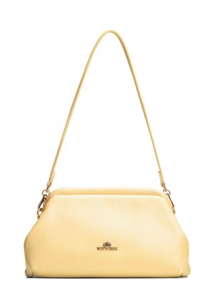 Sac à main en cuir jaune doux avec une seule bandoulière et des fermoirs en métal doré, arborant un petit logo "WITTCHEN" sur le devant.