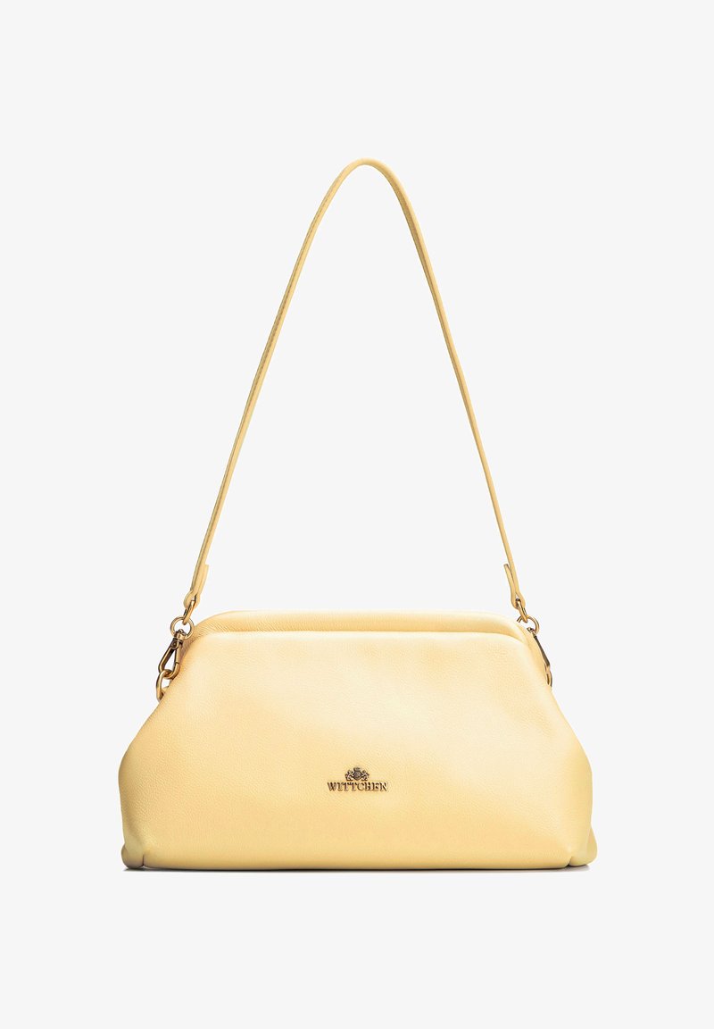 Zachte gele leren handtas met een enkele schouderband en goudkleurige metalen gespjes, met een klein "WITTCHEN"-logo aan de voorkant.