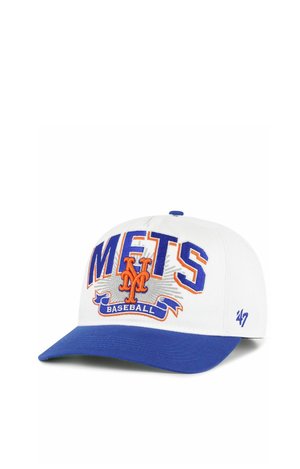 Weiße und blaue Baseballmütze mit orange-blau besticktem "METS" und "BASEBALL" Logo auf der Vorderseite.