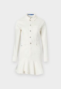 Off-white denimkjole med lange ermer, knaplukning foran, brystlomme og volangkant. Simpelt design med en moderne silhuett.