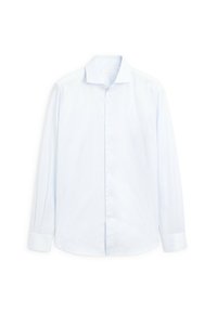 Camicia a maniche lunghe blu chiaro con bottoni sul davanti, caratterizzata da un leggero motivo a strisce e un colletto classico. Tessuto dalla texture liscia.