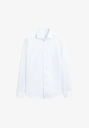 Camicia a maniche lunghe blu chiaro con bottoni sul davanti, caratterizzata da un leggero motivo a strisce e un colletto classico. Tessuto dalla texture liscia.