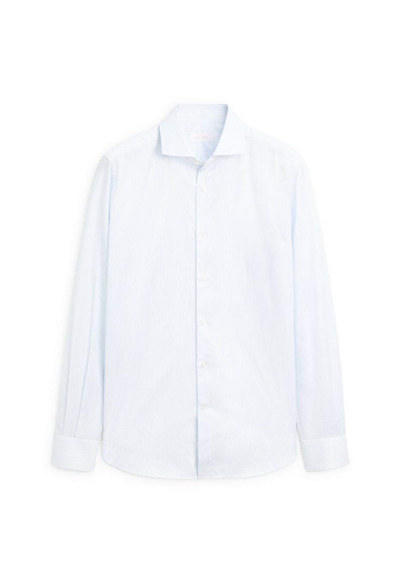 Camicia a maniche lunghe blu chiaro con bottoni sul davanti, caratterizzata da un leggero motivo a strisce e un colletto classico. Tessuto dalla texture liscia.