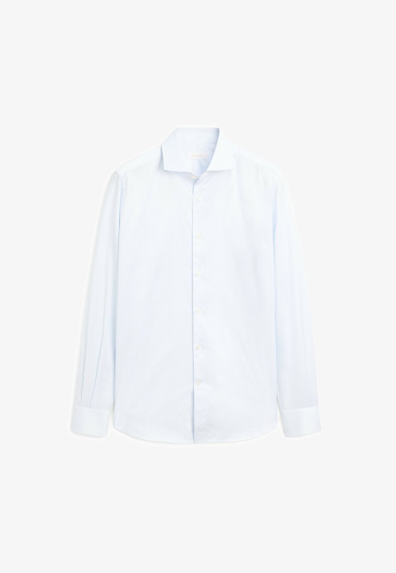 Camicia a maniche lunghe blu chiaro con bottoni sul davanti, caratterizzata da un leggero motivo a strisce e un colletto classico. Tessuto dalla texture liscia.