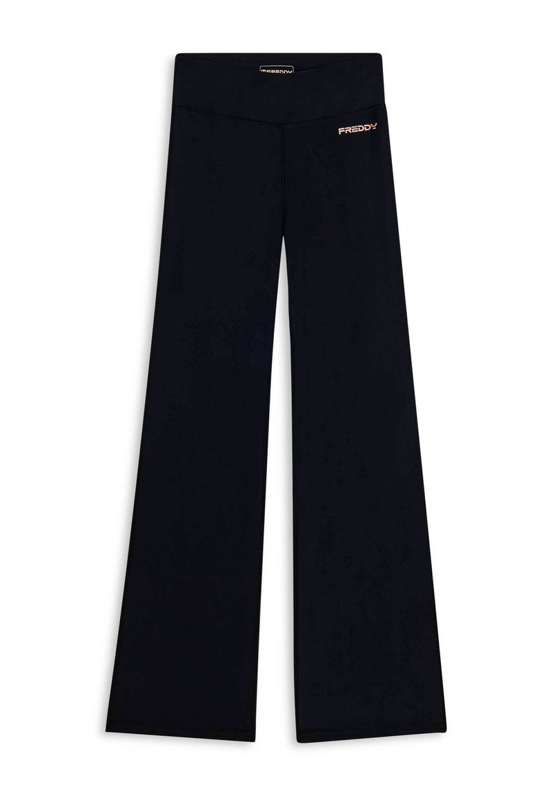 Pantaloni neri a gamba larga realizzati in tessuto morbido. Presentano una vita alta e un piccolo logo "FREDDY" in accentatura metallica sul davanti.