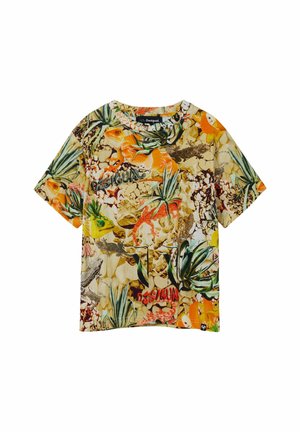Kurzärmeliges Hemd mit mehrfarbigem Eidechsen- und Sukkulentenpflanzenmuster, mit dem Markennamen "Desigual" in verschiedenen Farben.