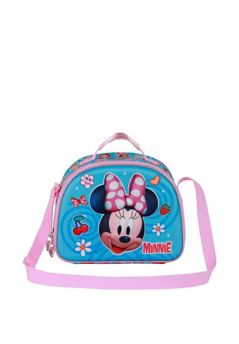 Sac d'enfants bleu avec un motif représentant un personnage portant un nœud à pois rose, des motifs floraux et fruités, et une bandoulière rose.