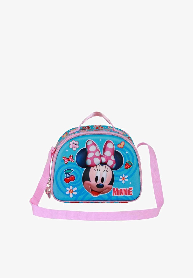 Sac d'enfants bleu avec un motif représentant un personnage portant un nœud à pois rose, des motifs floraux et fruités, et une bandoulière rose.