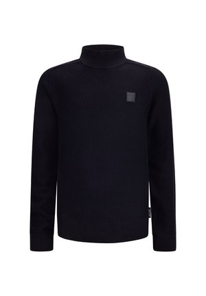 Schwarzer Strick-Turtleneck-Pullover mit strukturiertem Muster, langen Ärmeln und einem kleinen Logo-Patch auf der Brust. Gerippte Bündchen und Saum.