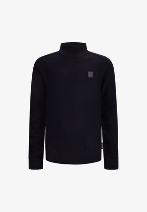 Black knit turtleneck sweater with textured pattern, long sleeves, and a small logo patch on the chest. Ribbed cuffs and hem.