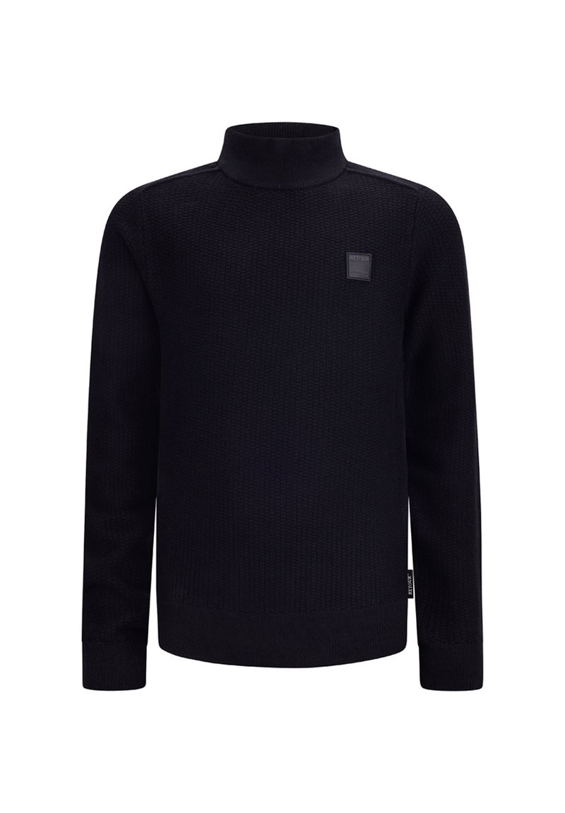 Maglione nero a collo alto in maglia con motivo testurizzato, maniche lunghe e una piccola etichetta con logo sul petto. Polsini e orlo a costine.