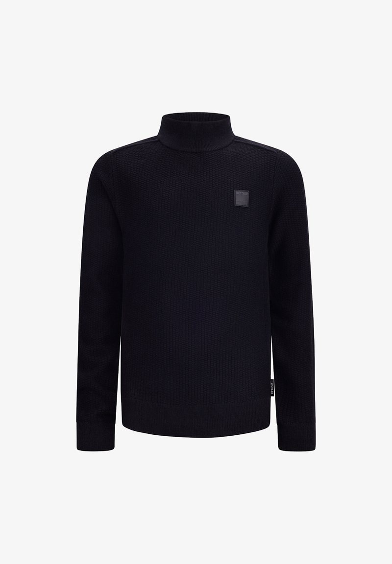 Maglione nero a collo alto in maglia con motivo testurizzato, maniche lunghe e una piccola etichetta con logo sul petto. Polsini e orlo a costine.