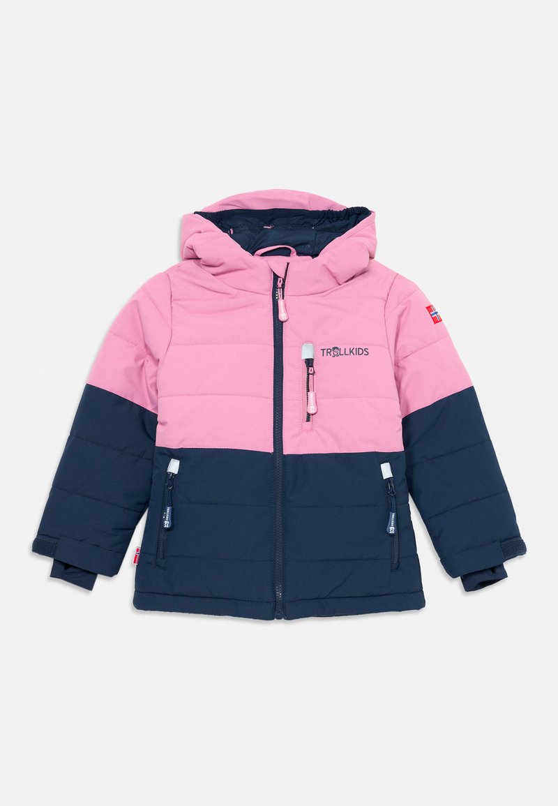 Padded jacket featuring a pink upper section and navy lower section. Includes a hood, zippered front, and two side pockets.