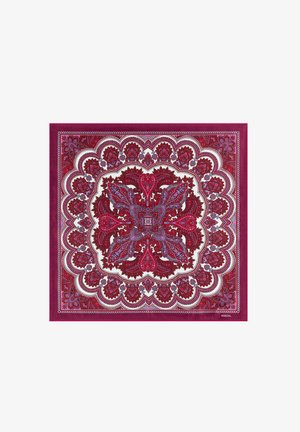 Square scarf featuring a vibrant red and purple paisley design on a white background, bordered with intricate scalloped patterns.
