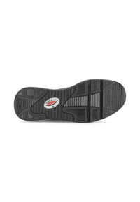 Zwarte rubberen schoenenzool met een gemarmerd grippatroon, voorzien van richels en vierkante details. Centraal logo in rood en wit.
