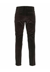 Pantalons en velours côtelé marron avec une coupe slim, dotés d'un tissu texturé, de deux poches arrière et d'un ourlet net.