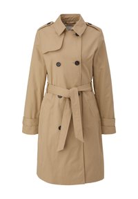Manteau beige à double boutonnage, avec des boutons noirs, une ceinture à la taille et des poches à rabat. Fabriqué en tissu lisse.