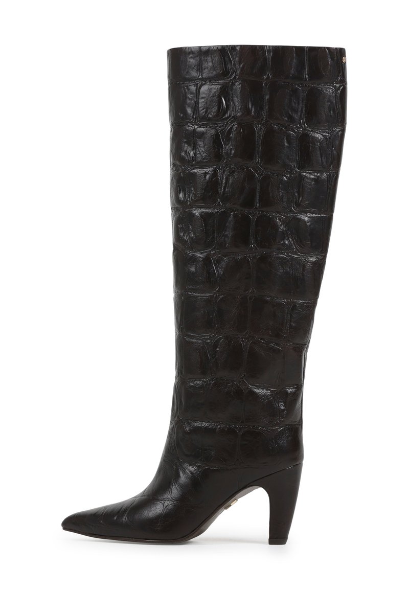 Black knee-high boot made of textured croc-embossed leather. Features a pointed toe and a tapered heel for an elongated silhouette.