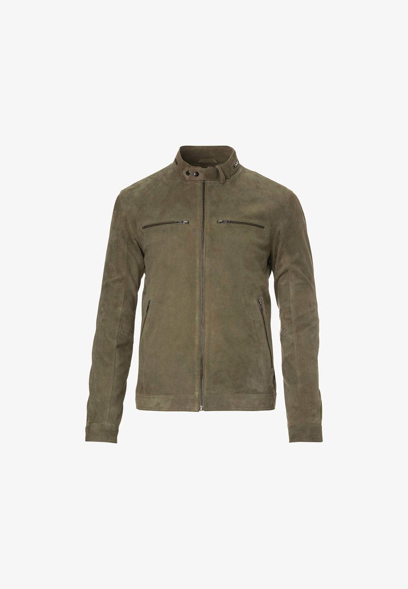 Olivgrüne Wildlederjacke mit Stehkragen, Frontreißverschluss und zwei Reißverschlusstaschen auf der Brust und an den Seiten. Glatte Textur.