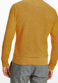 Maglione giallo lavorato a maglia con una superficie testurizzata, polsini e orlo a coste. Indossato con pantaloni grigi a fantasia. Dettaglio visibile dietro e scollatura a v.