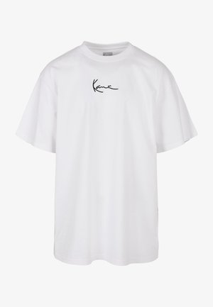 Weißes Baumwoll-T-Shirt mit rundem Halsausschnitt und kurzen, weiten Ärmeln. Auffälliger schwarzer bestickter Text auf der Vorderseite.