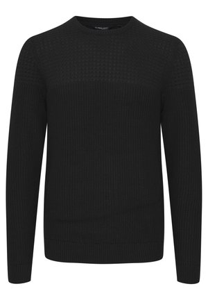 Schwarzer Strickpullover mit Rundhalsausschnitt, ausgestattet mit einem strukturierten Oberteil und gerippten Bündchen und Saum. Hergestellt aus einem weichen, warmen Stoff.