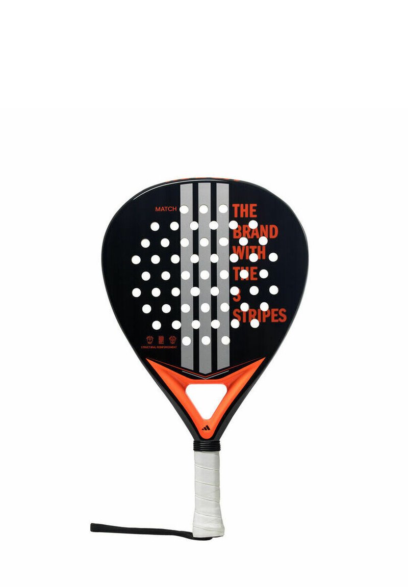 Schwarzes Paddle mit weißen Löchern und diagonalen Streifen in Grau und Orange. Verfügt über einen strukturierten Griff und eine dreieckige Öffnung am Hals.