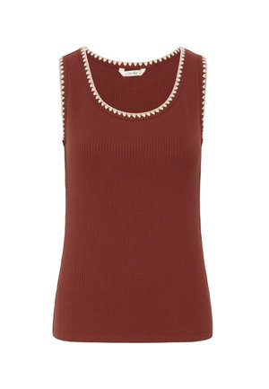 Bokserica bez rukava u rebrastom, hrđavo-narančastom tonu s bijelim valovitim obrubom duž izreza i ispod rukava.