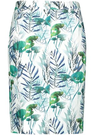 Jupe crayon blanche à boutons sur le devant, ornée d'un imprimé botanique aquarelle vert et bleu de feuilles et de nénuphars.