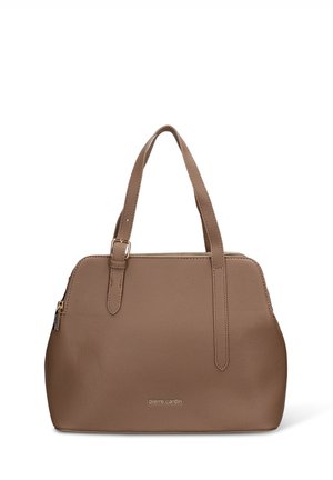 Braune Handtasche aus strukturiertem Leder mit zwei kurzen Griffen, Reißverschluss und dezentem Branding auf der Vorderseite. Abgerundete Form mit glatter Oberfläche.