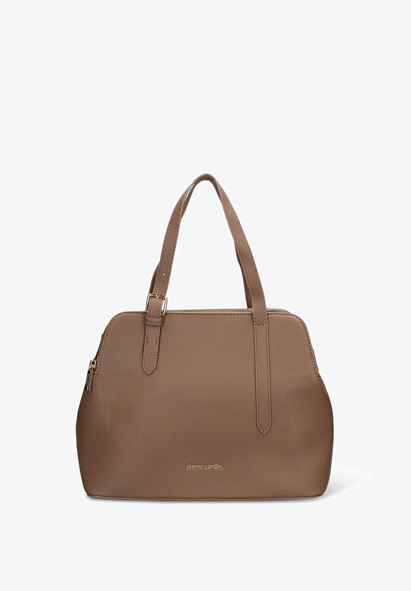 Bruine handtas van getextureerd leer met twee korte handvaten, ritssluiting en subtiele branding aan de voorkant. Ronde vorm met een gladde afwerking.