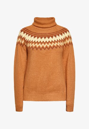 Sweter z golfem w kolorze rdzy, z brązowo-kremowym wzorem jodełki na karczku, ze ściągaczami przy mankietach i u dołu.
