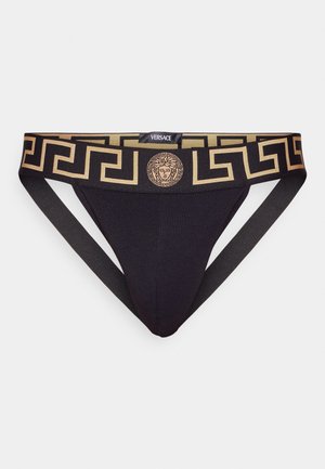 Caleçon noir avec un motif de clé grecque dorée sur la ceinture, ornée d'un emblème central de Méduse. Fabriqué dans un matériau doux et extensible.