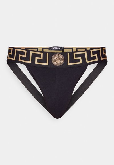 Chiloti negri cu un model de cheie grecească aurie pe talie, având un emblema centrală Medusa. Realizați dintr-un material moale și elastic.