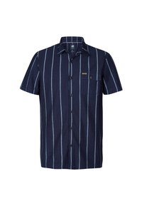 Marineblauw overhemd met korte mouwen, voorzien van verticale witte strepen, knoopsluiting aan de voorkant, één borstzak en een klein merkje. Gestructureerde stof.