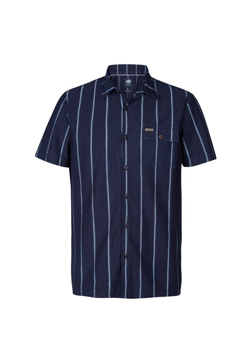 Marineblauw overhemd met korte mouwen, voorzien van verticale witte strepen, knoopsluiting aan de voorkant, één borstzak en een klein merkje. Gestructureerde stof.