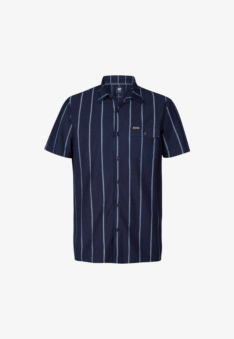 Camisa de manga corta navy con rayas blancas verticales, cierre de botones en el frente, un bolsillo en el pecho y una pequeña etiqueta de la marca. Tejido texturizado.