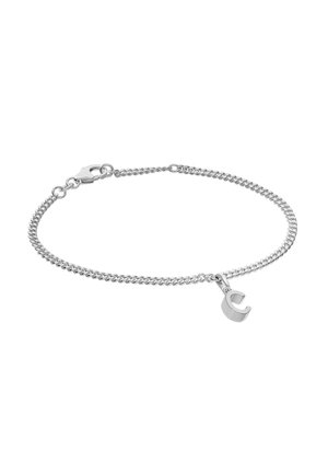 Silver chain bracelet with lobster clasp and a small, shiny letter "C" charm hanging near the clasp on a white background.