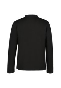 Svart långärmad pikétröja med platt krage, slät yta, inga mönster och rak fåll. Enkelt design med långa, åtsittande ärmar.