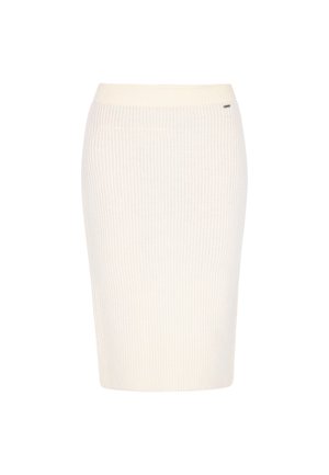 Gonna a matita lavorata a maglia di colore crema, con una texture a coste, lunghezza sopra il ginocchio e vita elastica per il massimo comfort.