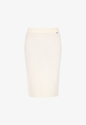 Sukienka ołówkowa z dzianiny w kolorze kremowym, z prążkowaną fakturą, długości powyżej kolan oraz elastycznym pasem dla wygody.