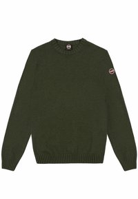 Zelený pletený svetr s klasickým kulatým výstřihem, žebrovanými manžetami a lemem. Logo na lev ém rukávu přidává výrazný detail.