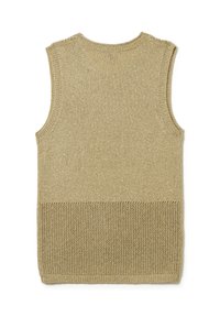Mouwloze gebreide top in een lichtgouden kleur, met een glad bovenstuk en een textuur ondergedeelte met een open geweven ontwerp.