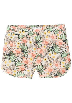 Hvide shorts med elastisk talje, der har et farverigt tropisk blomsterprint i grønne, pink, gule og beige nuancer.