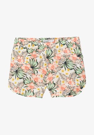 Hvide shorts med elastisk talje, der har et farverigt tropisk blomsterprint i grønne, pink, gule og beige nuancer.
